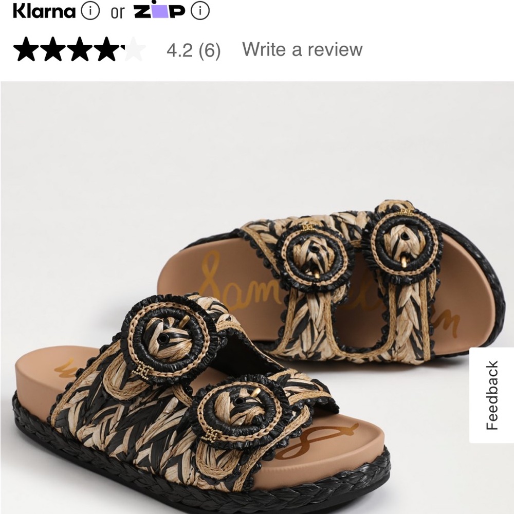 Sam Edelman Reina Black and Tan Raffia Slide Sandals with Buckle Accents